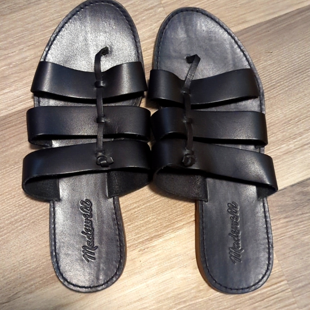 Madewell Black Triple-Strap Leather Slide Sandals